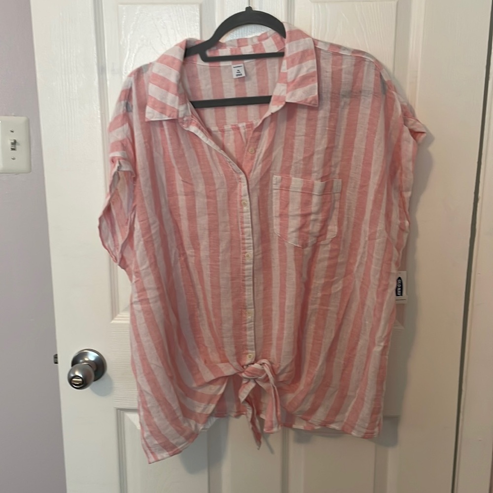 Old Navy 2x pink/white stripe linen top NWT